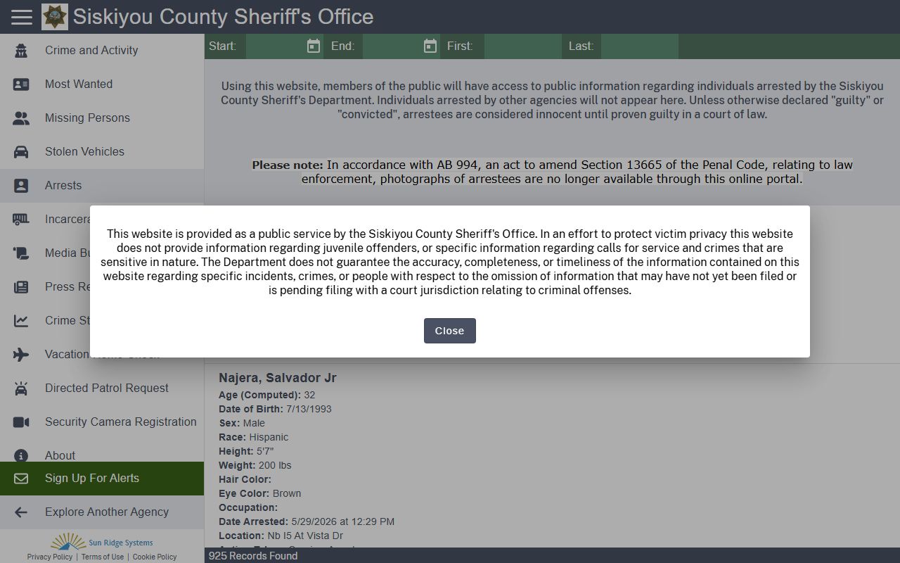 Siskiyou County arrest records module with booking photo restrictions
