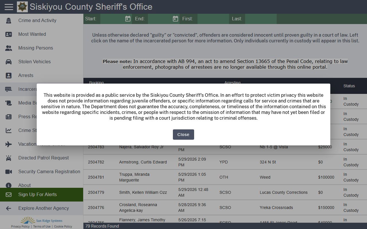 Siskiyou County inmate roster search in Citizen RIMS