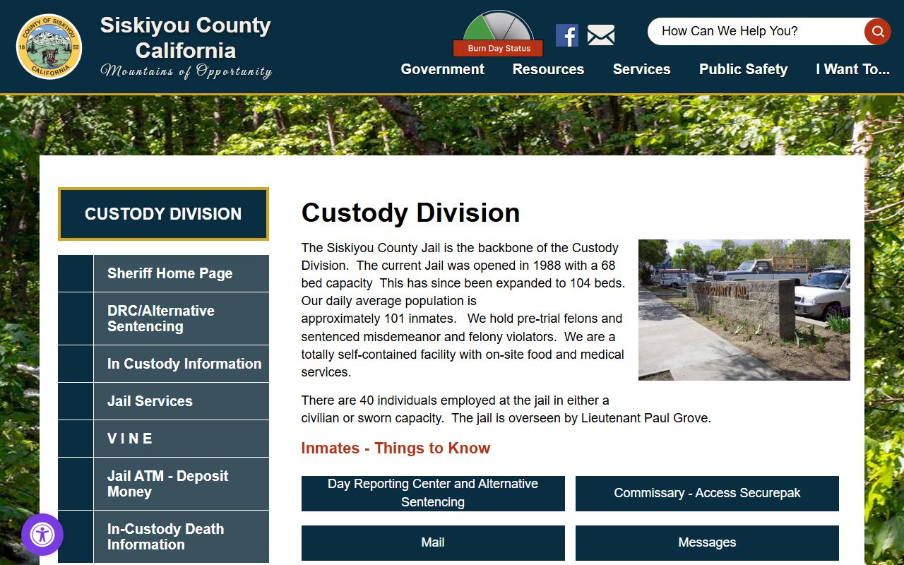 Siskiyou County Jail custody division inmate population page