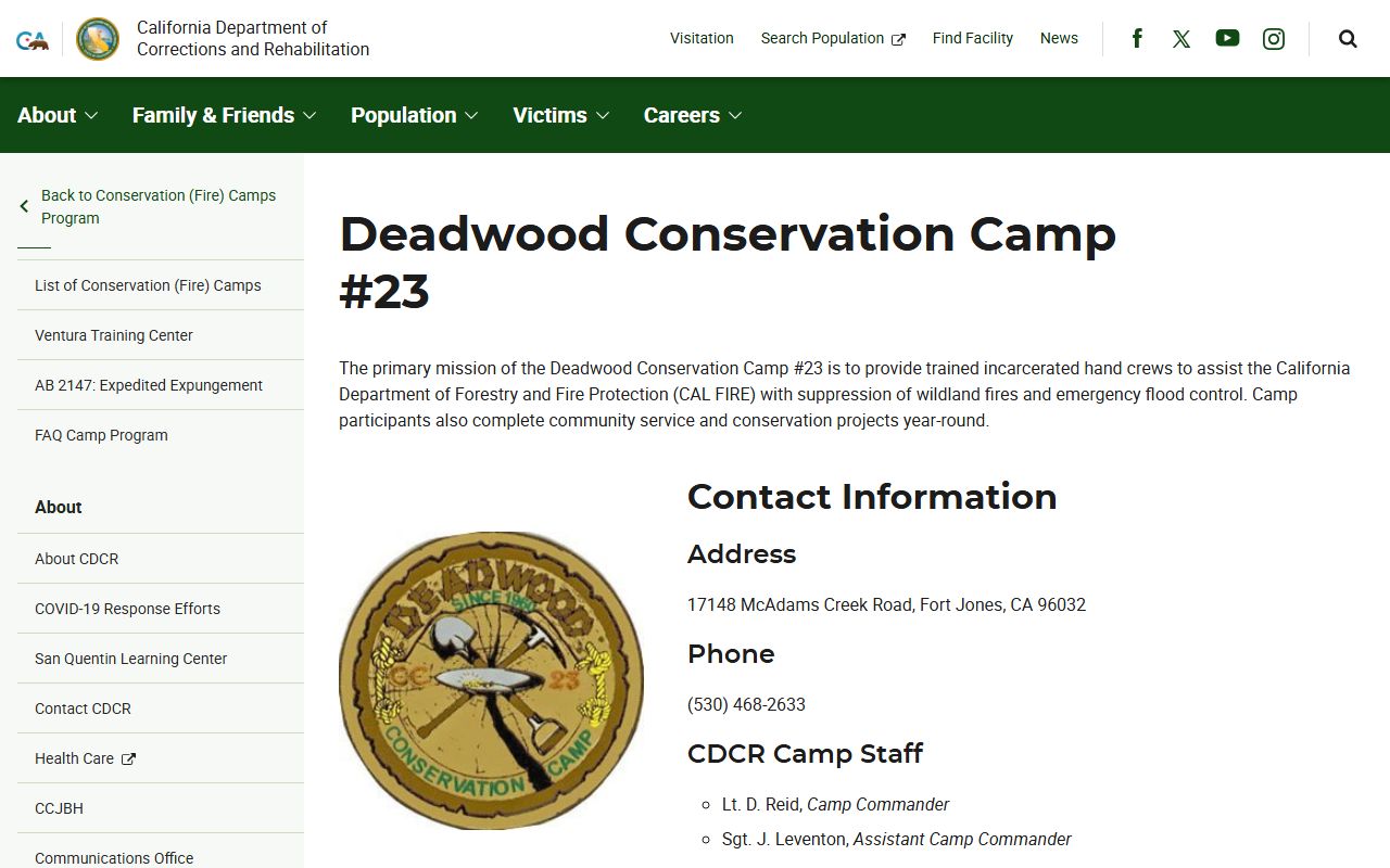 Deadwood Conservation Camp #23 CDCR facility page for Siskiyou County inmate lookup