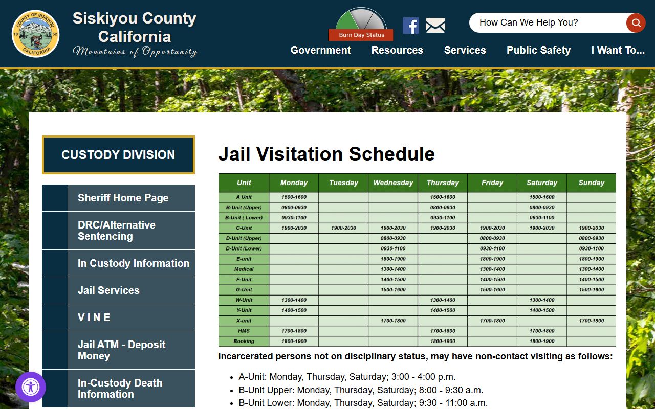 Siskiyou County jail visitation schedule for inmate records users